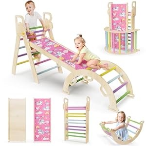 7 in 1 Pikler Triangle Set, Foldable Climbing Toys for Toddlers, Wooden Baby Climbing Toys, Arch Climber Rocker, Montessori Indoor Jungle Playground for Kids 1-3, Pink Unicorn