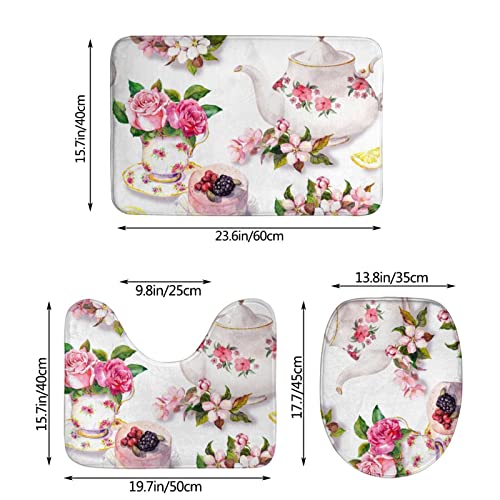 DIRYKILP Badematte + Konturmatte + Toilettendeckelbezug, Kuchen und Teekanne Floral 3 Stück Badematte Set, mit rutschfester Klebeunterseite – Bild 4
