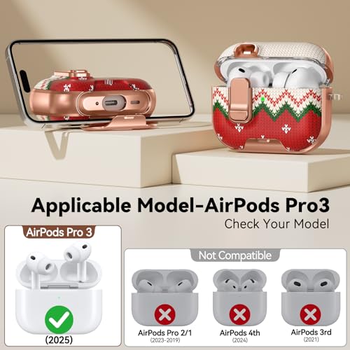 Image of for AirPod Pro 3 Case 2025, with Safty Lock & Phone Stand for Floral AirPod Pro 3 Generation Case Cover for Women Girly, iPod Pro 3 Cases with Keychain & Cleaner Kit -Red Christmas