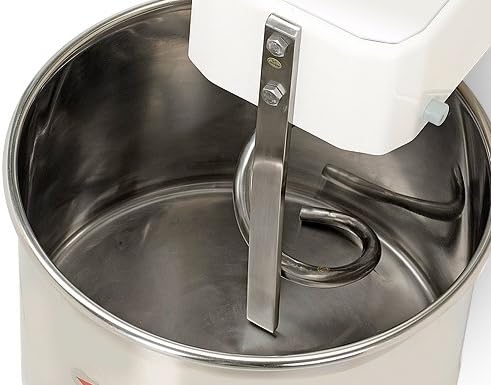 Close-up of the GGM Gastro TMP10-230V dough kneader's bowl and spiral hook