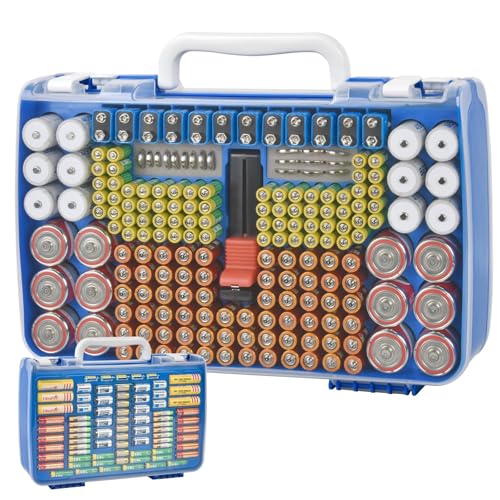 Battery Organizer Storage Holder Case with Double-Sided, Garage Box with Tester Checker. Batteries Container for 269pcs AA AAA AAAA 3A 4A 9V C D Lithium 4LR44 CR2 CR123A CR1632 CR2032 18650 - Blue