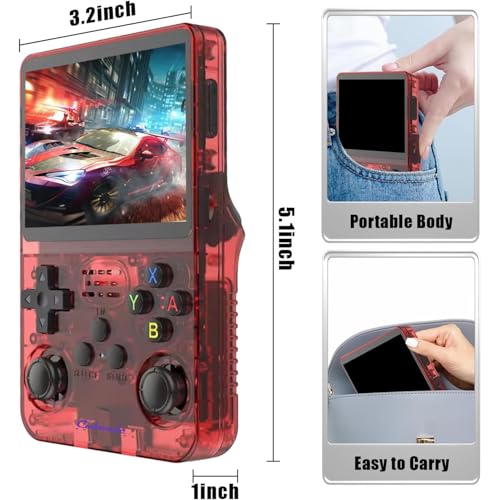 Image of Cubonic CrystalPlay ORIGINAL R36S Dual Ram Retro Gaming Console, Transparent PixelGlass, 3.5-Inch LCD Screen, RK3326 Quad-Core, 15000+ Games, Dual Joystick, Support MAX 256GB Storage, 3000mAh Battery (red)