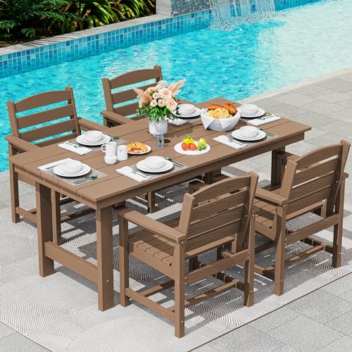 Image of SERWALL Patio Dining Table Sets 5-Piece, Outdoor HDPE Dining Furniture Set with Umbrella Hole Cut-Out Table and 4 Chairs, All Weather Dining Set for Lawn, Garden, Backyard, Poolside, Brown