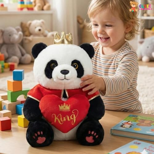 Image of ELITE CREATIONS King Panda Soft Toy with Crown Holding King Heart Cushion | 40 cm Cute Panda Teddy Bear | Romantic Gift for Girlfriend Boyfriend Wife Husband | Valentine Birthday