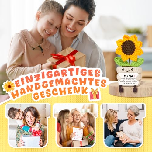 Giftasy Geschenke für Mama - Handgemachte gehäkelte Sonnenblume mit Energiekarte, Geschenk Mama Geburtstag, Weihnachten Geburtstagsgeschenk