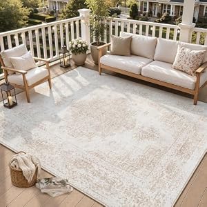 Outdoor Rug 6×9 Area Rugs: Washable Boho Vintage Patio Rug Non-Slip Low Pile Indoor Rug UV & Stain Resistant Outdoor Carpet with Quick-Dry Core for Backyard, Patio, Porch RV, Camping(Beige, 6’x9′)