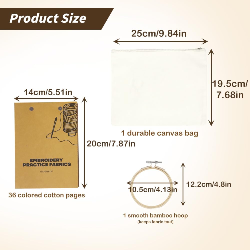 NIUGRECF 36-Color Embroidery Notebook Set - 14x20cm Cotton Fabric Pages with Bamboo Hoop & Canvas Bag, DIY Embroidery Book for Stitching Crafts, Embroidery Journal for Craft Lovers