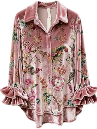 Women's Velvet Button Down Shirts Loose Long Sleeve Blouses Flared Sleeves Vintage Prints Casual Tops for Fall Spring