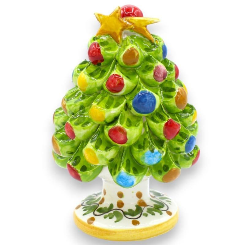 SICILIA BEDDA CAPACI Albero di Natale in Pregiata Ceramica Siciliana, Puntale Stella Cometa, 2 opzioni Misura (1Unità) Decoro Base Casuale - h 17 cm