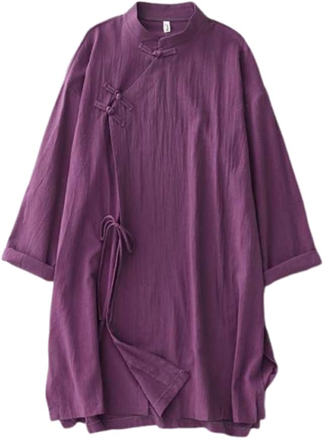 Cotton Linen Mid-Length Hanfu Shirt for Women, Side Slit Tea Zen Suit Loose Tang Suit Top Tai-chi Blouse