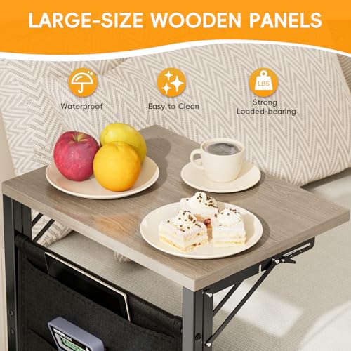 Image of Folding TV Tray Table, 28.8 inch Tall C-Shaped Side Table for Couch and Bed, Slide Under Sofa Side Desk with Storage Bag - Sturdy Metal Frame Tray for Living Room, Bedroom, Home & Office (Oak Gray)
