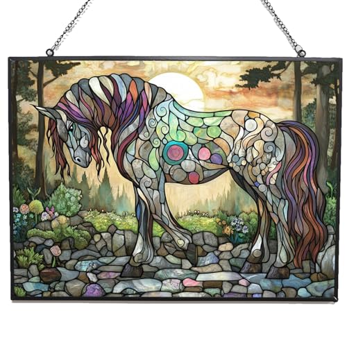 365CUSGIFTS Personalized Rectangle Boho Pony Braiding Mane Stained Glass Window Hanging, Stained Glass Window Decor Suncatcher for Women, Home Décor