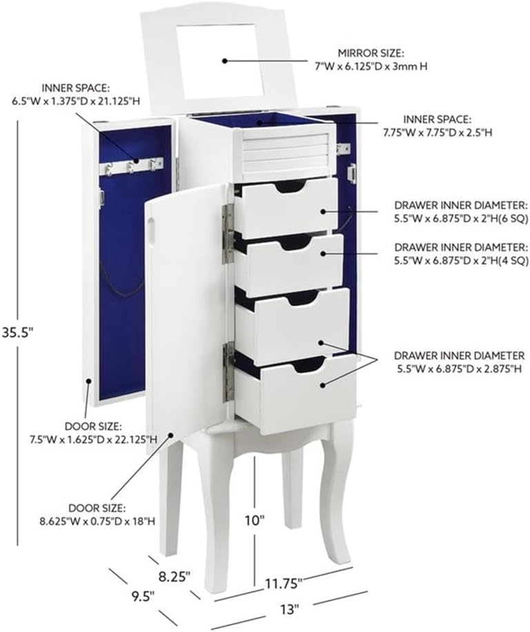 Pemberly Row 4-Drawer Wood Jewelry Armoire, White and Blue Finish, Flip Top Vanity Mirror, Felt-Lined Storage, Modern Coastal Style, 35.5" H x 13" W x 9.5" D, Compact Organizer for Chains, Bracelets,