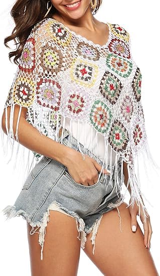Handmade Crochet Poncho Shawl, Colorful Granny Square Pattern with Fringe, Boho Style,Crochet triangle scarf,4
