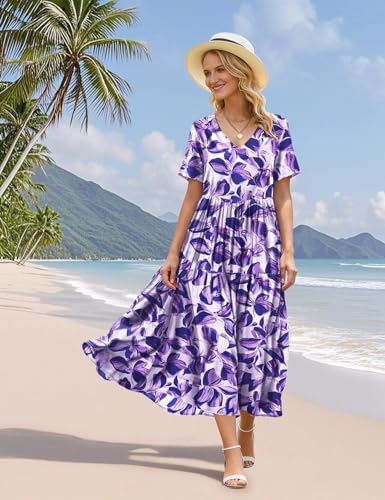 Image of YESNO Women's Summer Maxi Dresses Casual Floral Short Sleeve V Neck Boho Beach Vacation Swing Dress with Pockets EVF