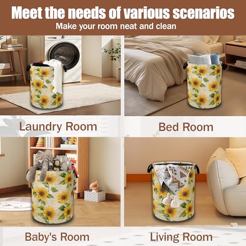 Vintage Sunflowers Laundry Hamper,Yellow Floral Collapsible Laundry Baskets Waterproof Oxford Cloth With Handles,Clothes Storage Bucket Toy Organizer For Bathroom/Nursery/Bedroom 16" x 20.8" by Qvvhorx - Image 7