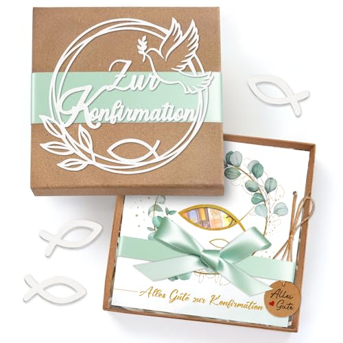 Konfirmation Geschenk Mädchen Junge Geldgeschenke Verpackung Konfirmation Geschenkbox mit Konfirmationskarten und Holzfisch Konfirmationsgeschenke für Jungs