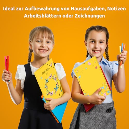KONVINIT Postmappe A4 Schule Gelb - Plastik Sammelmappe mit 3 Innenklappen und 2 Gummizügen Schnellhefter, Robust und Langlebig Dokumentenmappe mit Motiv für Büro und Schule