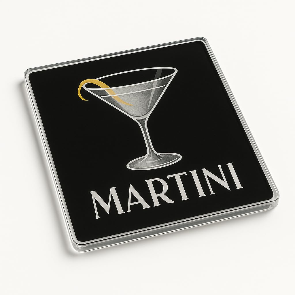 The Plum Penguin Martini Twist Classic Cocktail Acrylic Coaster Gift - Vintage Art Deco Style Martini Glass Design With Elegant Broadway Font For Classy Home Decor