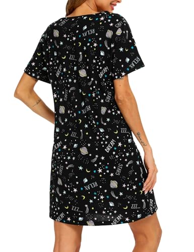 Image of ENJOYNIGHT Womens Cotton Nightgown Short Sleeve Sleepshirt Print Nightshirt | Short-Sleeve Crew Neck, Soft Cotton Fabric, Cartoon Printed Sleep Shirt, Loose Fit