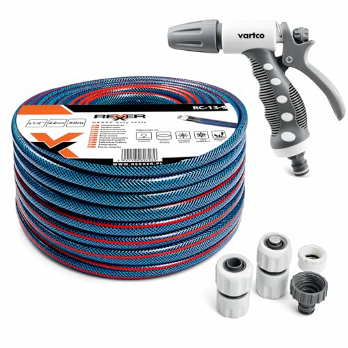 REXXER Gartenschlauch 1/2 Zoll 50 m 4-lagiger Wasserschlauch UV-beständig Flexibel Schlauchset mit Sprühpistole Schnellkupplungen und Wasserhahnanschluss für Gartenbewässerung Reinigung