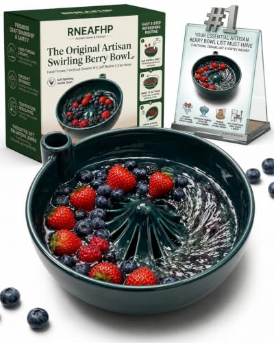RNEAFHP The Original Artisan Swirling Berry Bowl Hand-Thrown Functional Ceramic Art Self Washer Spinning Vortex Berry Washing Bowls Fruit Basket Automatic Quick Rotating Cleaning with Drain Holes