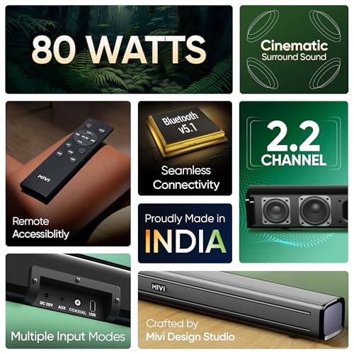 Mivi Fort Q80 Soundbar with 80W Surround Sound, 2.2 Channel soundbar with 2 in-Built subwoofers, Multiple EQ and Input Modes, Remote Accessibility, Bluetooth v5.1, Made in India Sound bar for TV 4 511L6NnhMmL