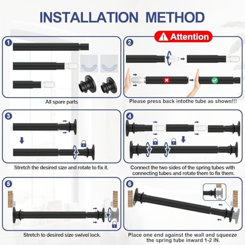 XIQIYY 2Pcs Tension Rods 28-48 Inch Spring Curtain Rods Expandable Tension Rods for Windows, No Drill, Non-Slip, Stainless Steel, Black - Thumbnail 4