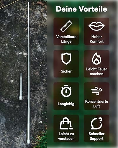 WIKA Teleskop Blasrohr mit Baumwollbeutel - Feuerblasrohr mit Mundstück für Lagerfeuer und Grill - Outdoor Survival Gadget (Edelstahl/Alu + Länge 10cm bis 54cm)