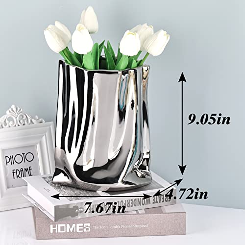 Silver Ceramic Vase, 9.05 Inch Tall Silver Flower Vase Wide Mouth Ceramic Vase, Creative Handmade Pleated Cloth Bag Flowers Vase For Home Decor, Office, Mantel, Porch, Wedding Centerpiece (Silver-L) #TOP2