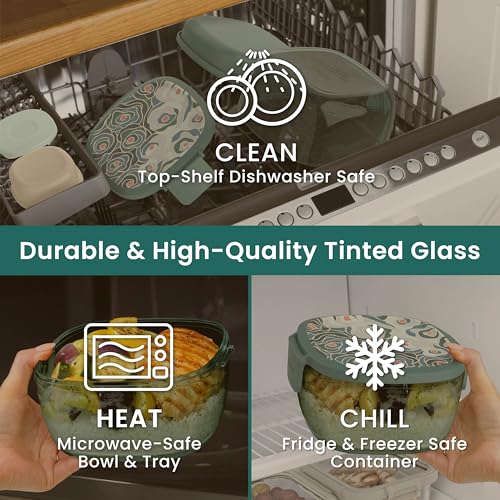 Image of Bentgo Glass Prints Salad Container - 7.6-Cup Tinted Glass Salad Bowl with Airtight Lid, Leak-Proof Sauce Container, 4-Compartment Bento Meal Prep Tray & Reusable Fork (Floral Maximalist - Sea)