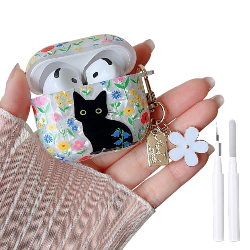 Image of MINSCOSE for AirPods 4 Glitter Case,Cute Cat Flower Shell Pattern Design with Girly Keychain,Soft TPU Protective Shockproof Cover with Cleaner Kit for Girls Women for Airpods 4-Cat