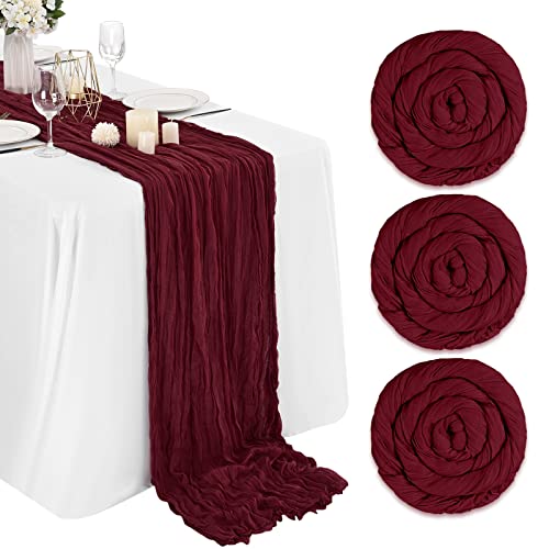 Lykoow 3 Packs Burgundy Cheesecloth Table Runner,10Ft x 35