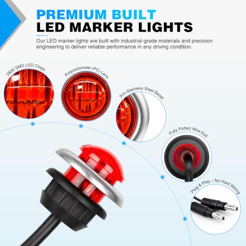 Image of Nilight 3 /4 inch Round Marker Lights 10PCS Red with 304 Stainless Steel Bezel | Side Bullet Clearance Light with IP68 Waterproof Hardwired 2 Wire Connectors and Bright LED for 12V Trailer Truck Camper Boat