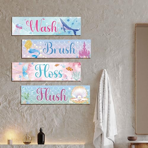 4 letreros de baño Vagafilla de madera con temática de sirena de océano para colgar 5