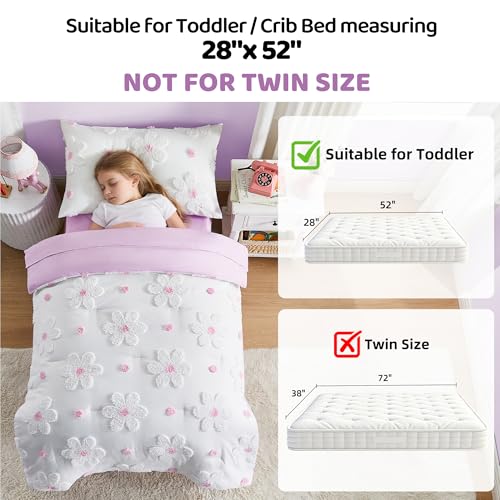 Image of Toddler Bedding Set for Girls 4-Piece Purple Boho Tufted Daisy Flowers Toddler Bed Comforter Set Bed-in-a-Bag Toddler Sheets Bedroom Set with Toddler Comforter, Flat Sheet, Fitted Sheet, Pillowcase