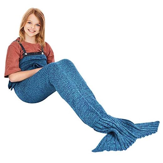 eCrazyBaby Hecho a Mano de Punto Manta de Cola de Sirena Todas Las Estaciones cálido sofá Cama Sala de Estar Manta para niño, Patrón clásico con Encaje, 140 x 70cm, Azúl Pavo Real
