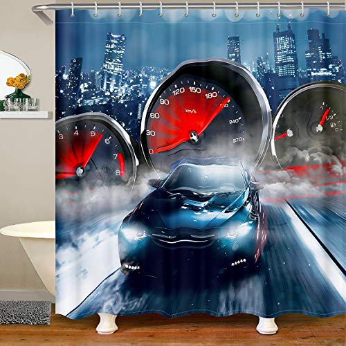 Sports Car Bath Curtain Boys Racing Car Waterproof Shower Curtain 72"Wx72"L,Extreme Sport Shower Curtain Set for Youth Child Man,Cool Speed Automobile Bathroom Accessories Speedometer Citysc