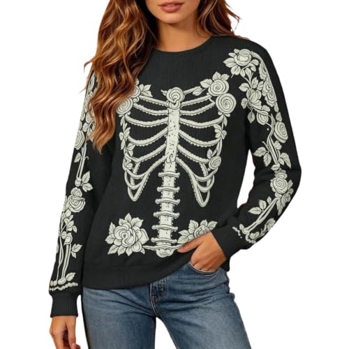 Womens Sweaters Halloween Skeleton Floral Graphic Pullover Gothic Clothes - image 1