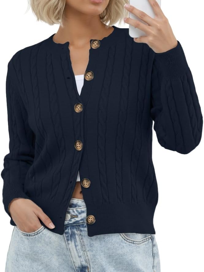 GRECERELLE Women's Long Sleeve Cable Knit Button Down Crew Neck Casual Cardigan Sweater, S-2XL