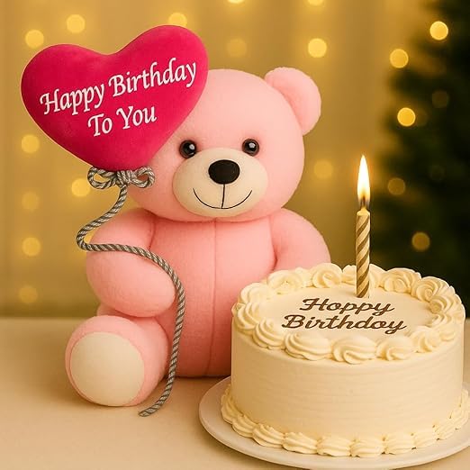 Image of ZEXSAZONE 24 cm, Pink Happy Birthday Teddy Bear Soft Toy - Cute Plush Stuffed Animal with Bow | Huggable Cuddly Toy for Kids, Boys, Girls, Girlfriend & Wife | Birthday Gift