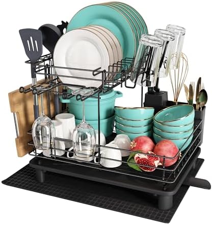 MAJALiS égouttoir Vaisselle MAJALiS Égouttoir Vaisselle INOX Avec Porte- Gobelets Et Porte-Ustensiles - Noir - Drainage Automatique Et Tapis De Séchage