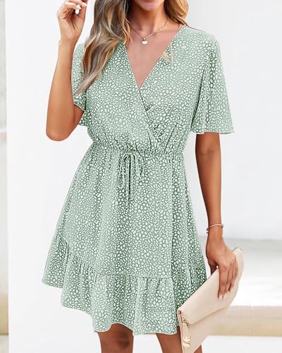 KIRUNDO Womens Summer Dresses 2026 Casual Spring Short Sleeve V Neck Ruffle Floral Print High Waist Belted Flowy Mini Dress