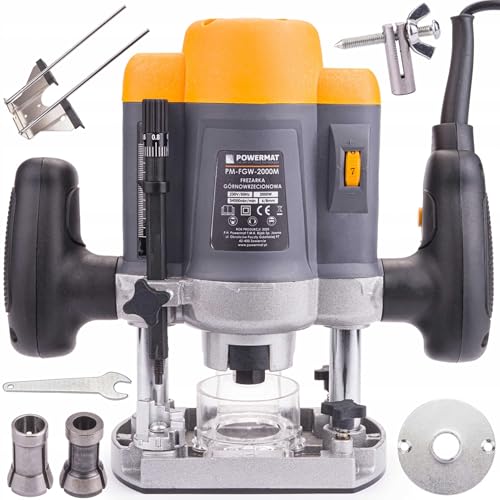 POWERMAT Défonceuse Fraiseuse Électrique 2000W, 6/8 mm, 50 mm, 11500-30000 tr/min, Bois, Aluminium, Plastique, 7 Réglages, Accessoires Inclus
