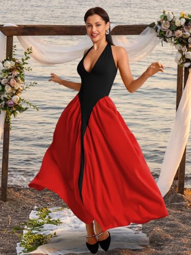 Image of ChiaoLezhee Deep V Neck Dress, Halter Maxi Dresses, Vacation Date Night, Sexy for Women Corset Flowy Wedding Guest Drop Waist
