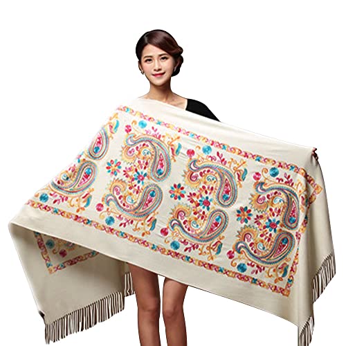 Qingzhuan Schals für Damen - Damen Schals Damen Warme Schals Weiche Schal Klassische Warme Wolle Mischung mit Quasten Herbst Winter Für Junge Damen Mode Drucken Schals Accessoires mehrfarbig Weiß Cover