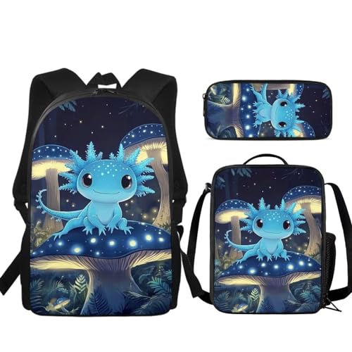 Blue Axolotl Mushroom Backpack Set for Girls Boys School Backpack with Lunch Box Pencil Bags Student Bookbags 3 in 1