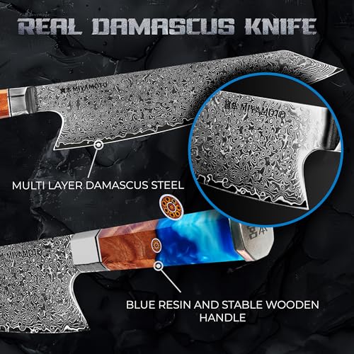 Miyamoto Japanese Chef Knife 8 Inch Steel 67 Layers Damascus Kitchen Knife, Ultra Sharp, Long Lasting Blade, High Carbon Super Steel, Carving Knife Blue Resin - Image 4
