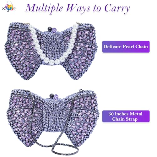 Image of Handmade Inlay Rhinestone Bow Clutch Bag for Women, Sparkling Evening Party Wedding Purse with Detachable Pearl Chain