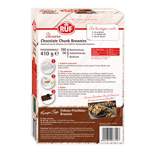 RUF Chocolate Chunk Brownies, Backmischung für saftig weiche Brownies mit Vollmilch-Schokostückchen, inkl. Backform, 1x410g